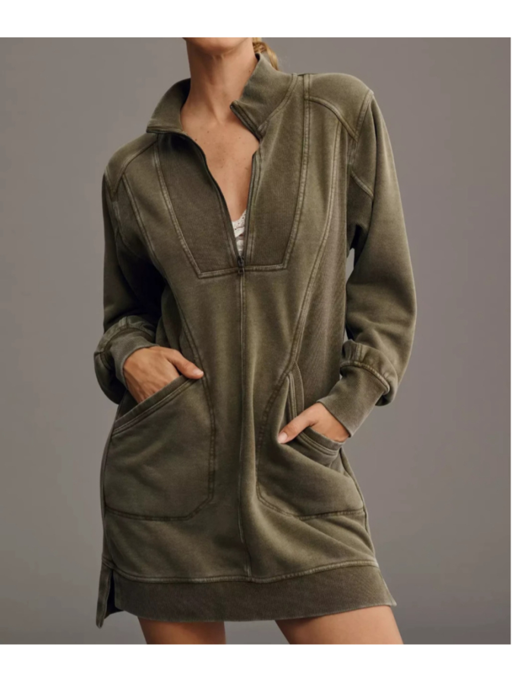 Daily Practice Anthropologie Meru Mini Dress Olive Half Zip Utility M Athleisure